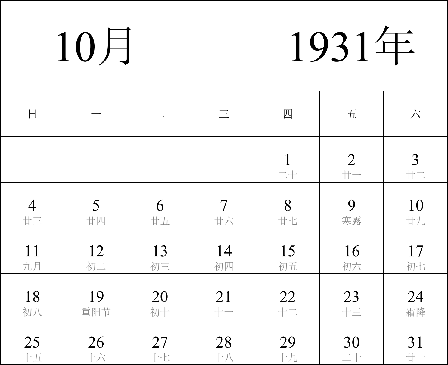 日历表1931年日历 中文版 纵向排版 周日开始 带农历